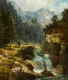 Ludwig Correggio, Mountain Landscape with a Waterfall, Oil on canvas (relined)
