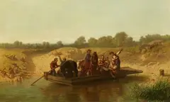 Charles Kuwasseg, River Crossing on a Raft, Oil on canvas (relined)