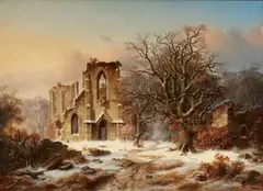 Lauterbach, Winter Landscape with Ruins of a Church, Oil on panel