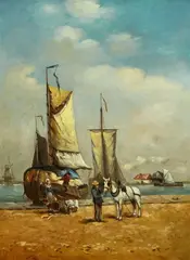 Auguste Musin, Harbour Scene with Sailing Ships, Oil on panel
