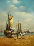 Auguste Musin, Harbour Scene with Sailing Ships, Oil on panel