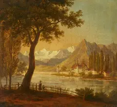 Anton Radl, A View of Lake Thun, Oil on card