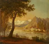 Anton Radl, A View of Lake Thun, Oil on card