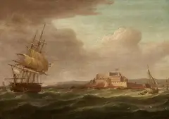attributed to Thomas Whitcombe, Sailing Ships before Castle Cornet on Cornet Rock in Guernsey, Oil on canvas (relined)