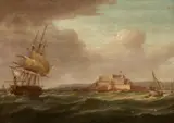 attributed to Thomas Whitcombe, Sailing Ships before Castle Cornet on Cornet Rock in Guernsey, Oil on canvas (relined)