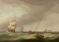 attributed to Thomas Whitcombe, Sailing Ships before the Cliffs of Dover, Oil on canvas (relined)