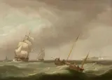attributed to Thomas Whitcombe, Sailing Ships before the Cliffs of Dover, Oil on canvas (relined)