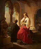 Ludwig Zahn, Sculptress Sabina von Steinbach with her father, the master architect Erwin von Steinbach, Oil on canvas (edges relined)