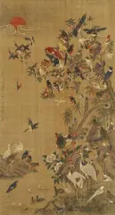 One hundred pairs of birds. Hanging scroll. Ink and colour on silk. Inscription, dated Qianlong wuxu, signed Nanpin Shen Quan and sealed Shen Quan zhi yin and Nanpin. 18t..., One hundred pairs of birds. Hanging scroll. Ink and colour on silk. Inscription, dated Qianlong wuxu (1778), signed Nanpin Shen Quan and sealed Shen Quan zhi yin and Nanpin. 18t..., One hundred pairs of birds. Hanging scroll. Ink and colour on silk. Inscription, dated Qianlong wuxu (1778), signed Nanpin Shen Quan and sealed Shen Quan zhi yin and Nanpin. 18th/19th century