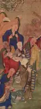 Anonymer Maler des 19. Jh., Nine arhats, a dragon and a Buddhist lion. Ink and colour on paper. Korea. 19th century.