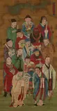 Anonymer Maler des 19. Jh., Famous figures from the Three Kingdoms (Sanguozhi), including Liu Bei with his sworn brothers Guan Yu and Zhang Fei, Zhuge Liang with his fan made of crane feathers and others. ...