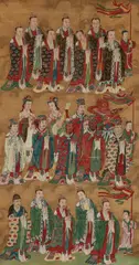 Anonymer Maler des 19. Jh., Two paintings from a set of Daoist deities, including the gods of the twenty-eight lunar mansions, each group with their Chinese description. Ink and colour on silk. Qing dynast..., Two paintings from a set of Daoist deities, including the gods of the twenty-eight lunar mansions, each group with their Chinese description. Ink and colour on silk. Qing dynasty. (2)