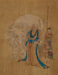 Anonymer Maler des 19. Jh., Seven album leaves depicting luohans with different animals. Ink and colour on silk. Qing dynasty. (7), Seven album leaves depicting luohans with different animals. Ink and colour on silk. Qing dynasty. (7)