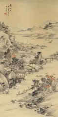 Xu Xi, River landscape with settlement. Hanging scroll. Ink and colour on paper. Inscription, signed Xiao Cun and sealed Xiao weng hua ji., River landscape with settlement. Hanging scroll. Ink and colour on paper. Inscription, signed Xiao Cun and sealed Xiao weng hua ji