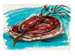 Dieter Krieg, Untitled (Kotelett mit Blütenzweig), 1982, Mixed media on folded paper. Approx
