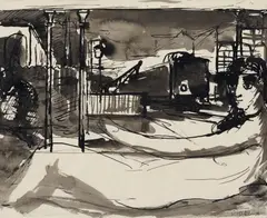 Paul Delvaux, Studie zu "L' Age du fer", 1951, Brush and India ink drawing on thin, smooth paper. Drawing sheet with perforated margin on the left side