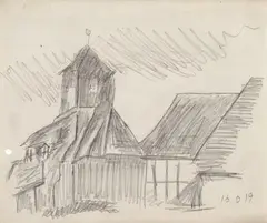 Dorfkirche (Possendorf) by Lyonel Feininger, 1919, Pencil drawing on paper. From a sketchbook (the sheet perforated on the left side), offered Dec 2016