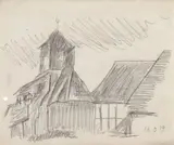 Lyonel Feininger, Dorfkirche (Possendorf), 1919, Pencil drawing on paper. From a sketchbook (the sheet perforated on the left side)