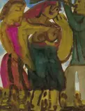 HAP Grieshaber, Figürliche Szene mit Bläser, 1960s, Gouache on laid paper with watermark "INGRES FRANCE"