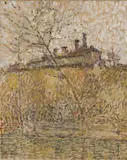 Adolf Hölzel, Landschaft (Nebliger Morgen, Fabrik), Circa 1904, Oil on canvas