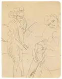 Untitled (Stehende Frau und nähendes Mädchen) by Ernst Ludwig Kirchner, Circa 1920, Pencil drawing on smooth, thin paper with rounded corners on the right side, sold Dec 2016