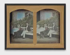 Wilhelm Schneider, A couple drinking tea in a garden, probably in Moscow, 1861, Stereo daguerreotype hand tinted. Each image