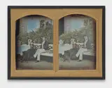 Wilhelm Schneider, A couple drinking tea in a garden, probably in Moscow, 1861, Stereo daguerreotype hand tinted. Each image