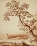 Jacob Philipp Hackert, Landscape with a Traveller and a Large Chestnut Tree, Brown ink and wash over pencil