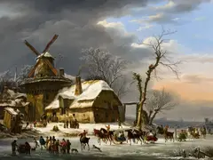 Henri Van Assche, Winter Landscape with a Frozen Canal and a Windmill, Oil on panel