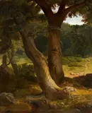 Karl Friedrich Lessing, Studies for the work "Eichenwald mit einem an einem Brunnen rastenden Ritter", Oil on card