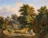 Károly Markó the Elder, Nymphs Bathing in a Wooded Landscape, Oil on card