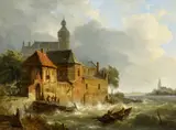 Cornelis Springer Hermanus Koekkoek I, A Rowing Boat in Stormy Seas near a City, Oil on canvas (relined)