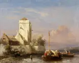 Salomon Leonardus Verveer, River Landscape with Boats, Oil on panel