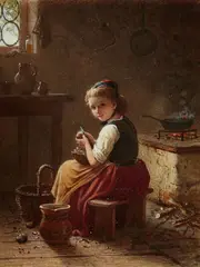 Johann Georg Meyer, A Little Scullery Maid Peeling Potatoes, Watercolour on paper, mounted on card