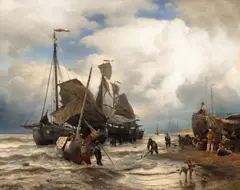 Andreas Achenbach, Sailing Boats Landing on a Beach, Oil on canvas