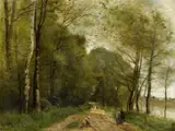 Jean-Baptiste Camille Corot, Summer Landscape with a Path and Lake, Oil on canvas, mounted on panel