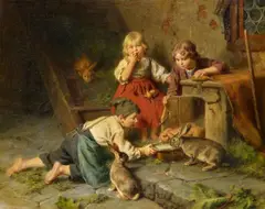Three Children Feeding Rabbits by Felix Schlesinger, Oil on canvas, sold Nov 2016