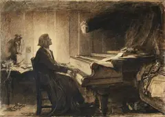 Franz Liszt at a Piano by Hubert von Herkomer, Black chalk and ink on paper, mounted on thick card, sold Nov 2016