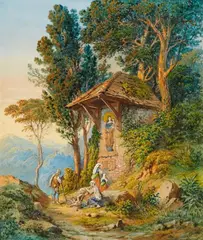 Georg Osterwald, Mountainous Landscape with a Shrine, Watercolour
