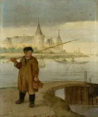 Arent Arentsz., called Cabel, attributed to, Fisher on a Bridge with Muiderslot in the Background, Oil on panel