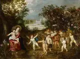 Flemish School circa 1620, The Virgin and Child with Putti Displaying the Arma Christi, Oil on copper