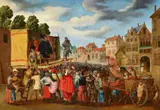 attributed to Sebastiaan Vrancx, Monkeys with a Quacksalver in a Marketplace, Oil on panel