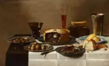Floris van Schooten, Still Life with Sweetmeat, Bread, Nuts, and Vessels, Oil on panel