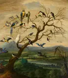 Birds in a Tree before a Landscape by Flemish School 17th century, Oil on panel (parquetted), sold Nov 2016