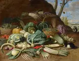 Still Life with Vegetables and a Rabbit Still Life with Fish and Cats in the Kitchen by Jan van Kessel the Younger, Oil on copper. Each, offered Nov 2016