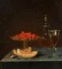 Strasbourg School circa 1700, Still Life with Gilded Glass and Carafe, Raspberries and Melons, Oil on canvas, mounted on panel