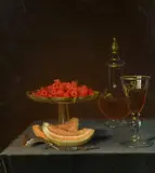 Strasbourg School circa 1700, Still Life with Gilded Glass and Carafe, Raspberries and Melons, Oil on canvas, mounted on panel