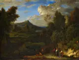 attributed to Cornelis Huysmans, Two Mountainous Landscapes with Figures, Oil on canvas (relined). Each