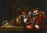 Roman School circa 1700, Still Life with a Toppled Flower Vase, Monkey and Parrot, Oil on canvas (edges relined)
