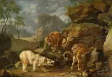 Johann Elias Ridinger, Two Leopards Attacking a Polar Bear, Oil on canvas (relined)